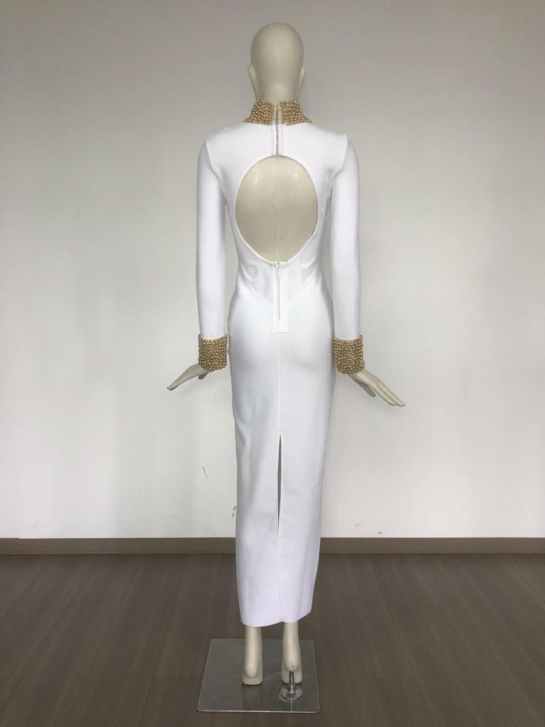 Beaded Stand Collar Backless Bodycon European & American Long Dress - Retro Light Luxury Design