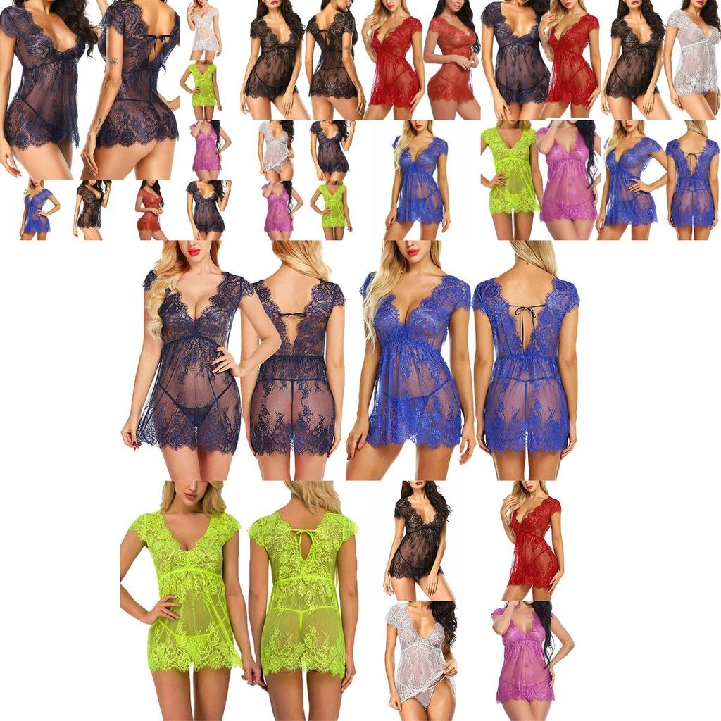 Luxurious Women Eyelash Lace Sexy Lingerie See-through Babydoll Sleepwear Dress T-back Set For Elegant Nights