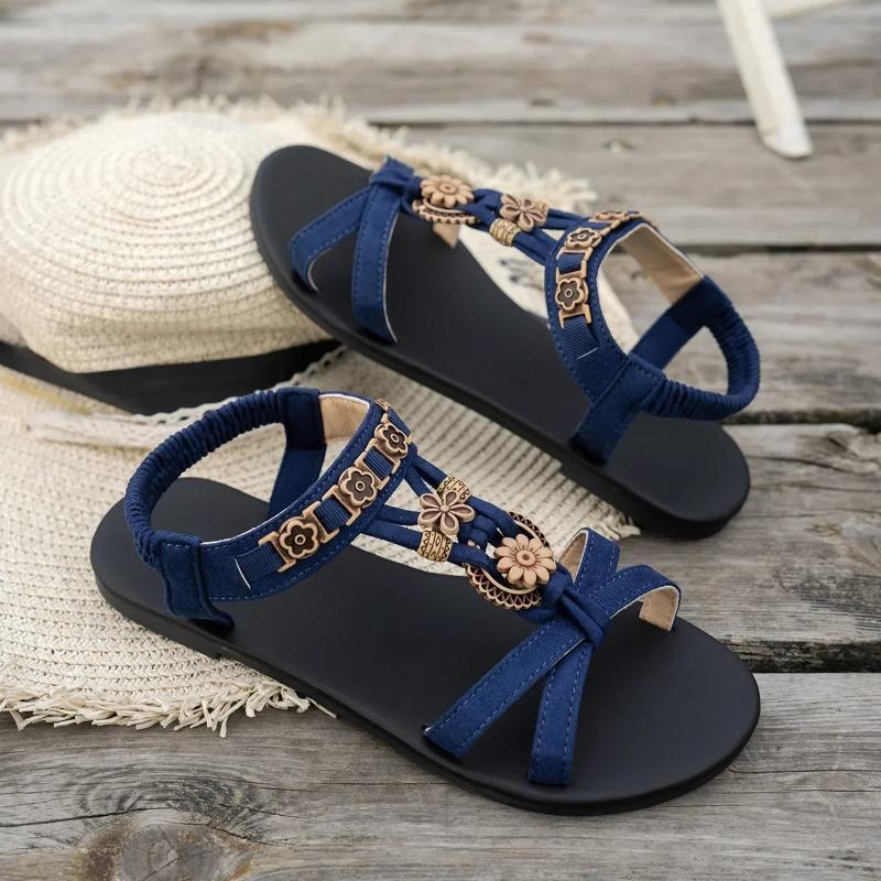 Flower Beaded Bohemian Sandals for Women Summer 2025 Roman Style Comfortable Flat Sandals Woman Lightweight Non Slip Beach Shoes