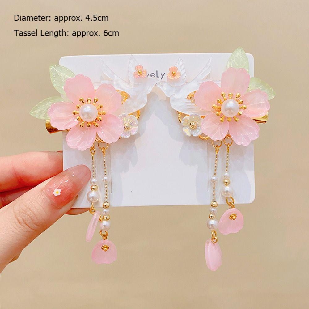 Sweet Pink Hair Clip Chinese Style Flower Tassel Hairpins Styling Accessory Barrette For Girls