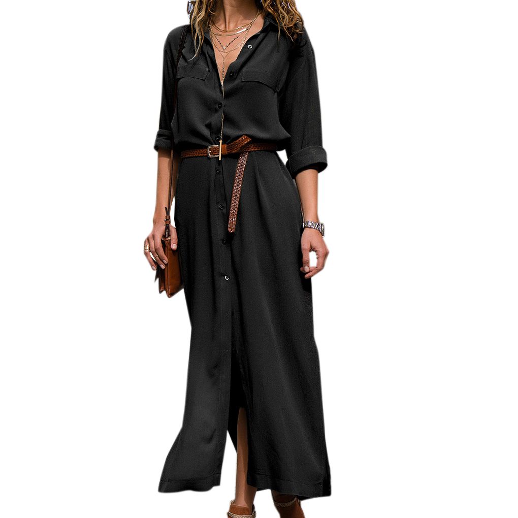 Tiefes V Einfarbig Damen Maxi Schlitz Schnürung Lang Kleid Mädchen Herbst Schlitz Schnürung Langarm Kleid