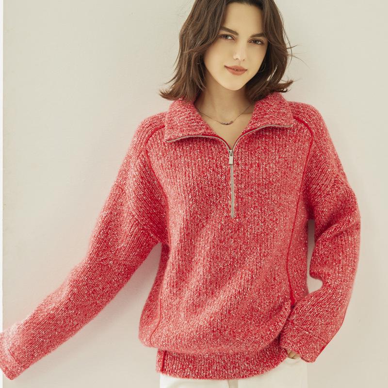 2024 Women's Wool Knit Half-Zip High Neck Sweater