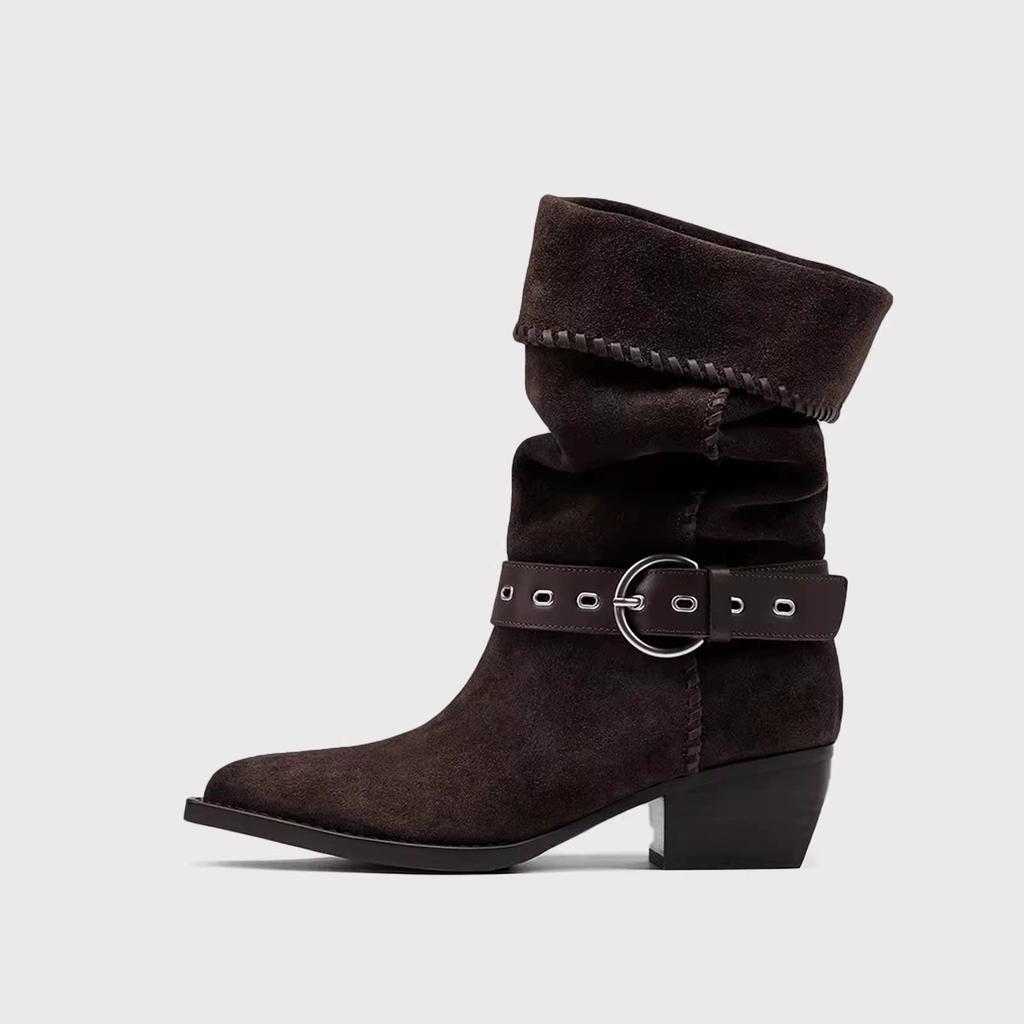 2025 New Retro Thick Heel Western Pile Boots Wide Tube Medium Tube Boots Pointed Belt Buckle Suede Knight Short Boots Women