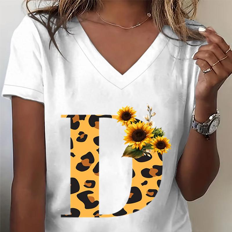 Unisexs Vneck Tshirt Sunflower Leopard Print Letter R Graphic Tee Watercolor Flower Leopard Print Tshirts Az 26 Alphabet Top