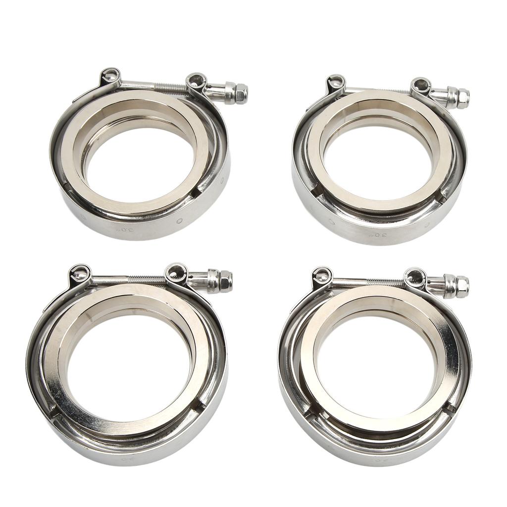 4pcs 3in V Band Clamp Flange Kit Stainless Steel Silver Universal for Turbo Downpipe Exhaust