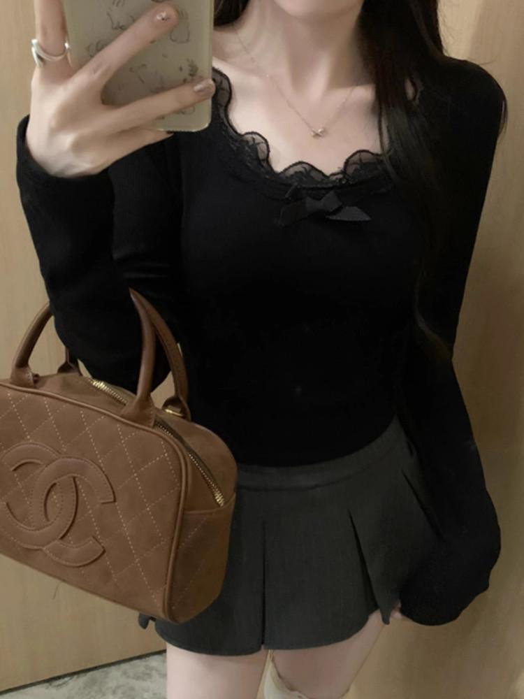 

White Floral Lace Low-Cut Long-Sleeve Slim T-shirt for Women - Spring & Autumn Style One Size (40-68 kg) чёрный