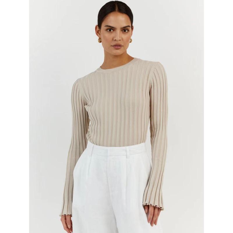 Women's Crewneck Knitted Sweater, Long Sleeve Pitted Stripe Base Layer, Solid Color Tight Autumn and Winter Top
