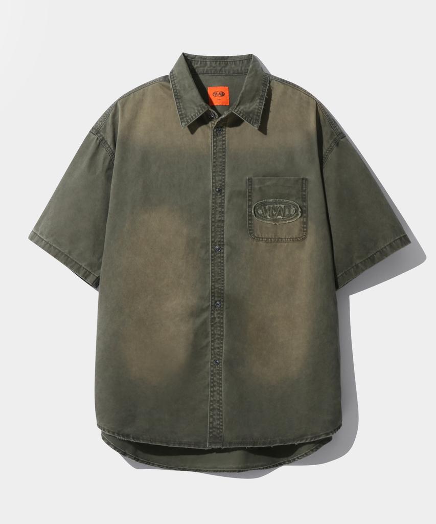 Dimiteulibeullaeg Vlad Cutoff Applique Fade Washed Short Sleeve Shirt_Olive