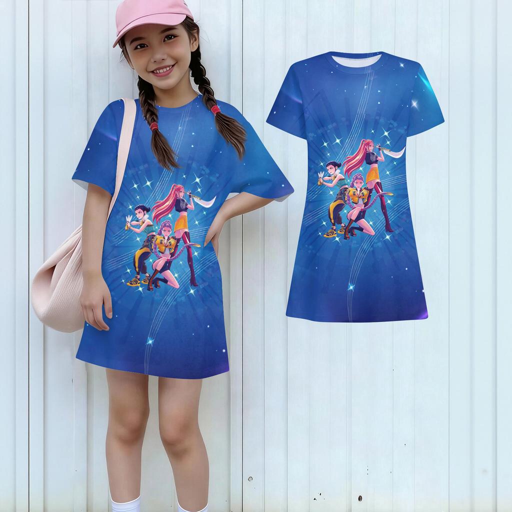 Girls Print Casual Dress Kids Loose Round Neck Short Sleeve Thin Sundress