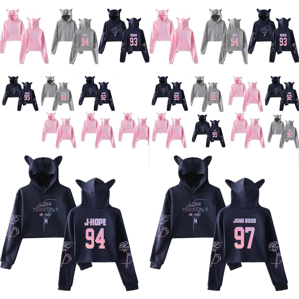 Kpop Unisex Bts  jung Kook Jimin 95 97 Hoodie Sweatshirt Cat Ears Tops Crop
