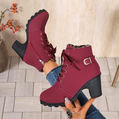 Large Size Short Boots Women's Autumn and Winter New High-heeled Martin Boots Lace-up Round Head Single Shoes Boots