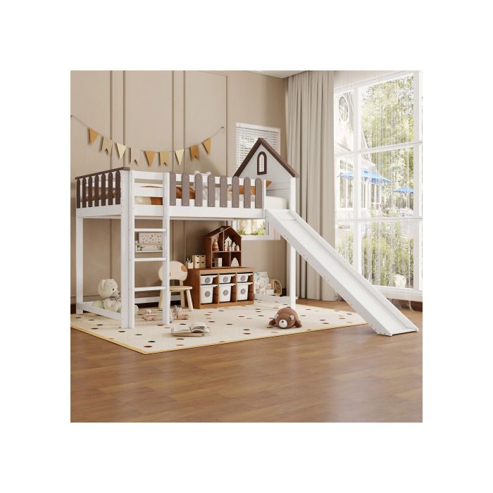 Zvýšená postel - MUVOE - 90x200cm - Bílá + Ořech - Rovný žebřík - Skluzavka