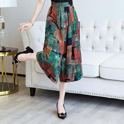 Summer Middle-aged and Elderly Women's Wide Leg Pants Skirt Pants Cotton Silk Seven Quarter Pants Ethnic Style Swing Pants Plus Size Pants