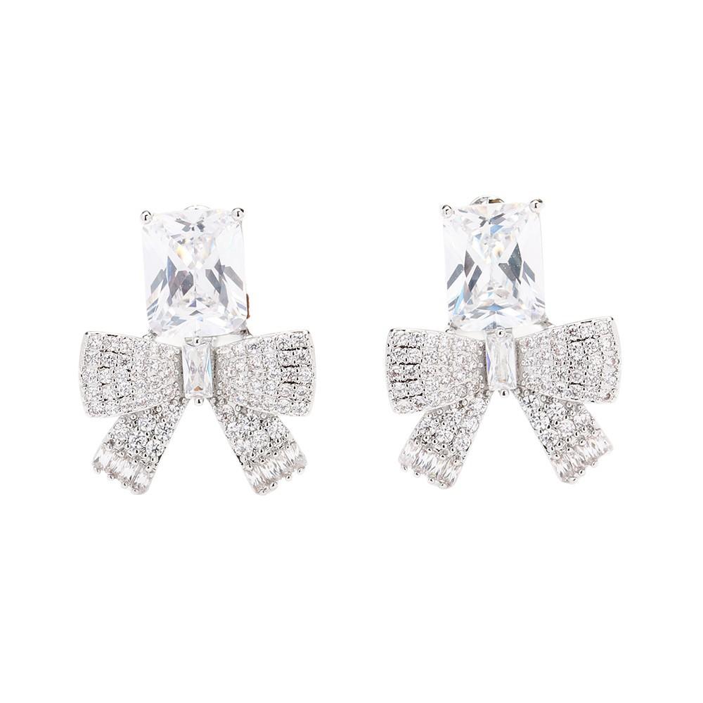 French light luxury jewelry style earrings women's flash diamonds square zircon bow ear clips fashion dress versatile ear jewelry