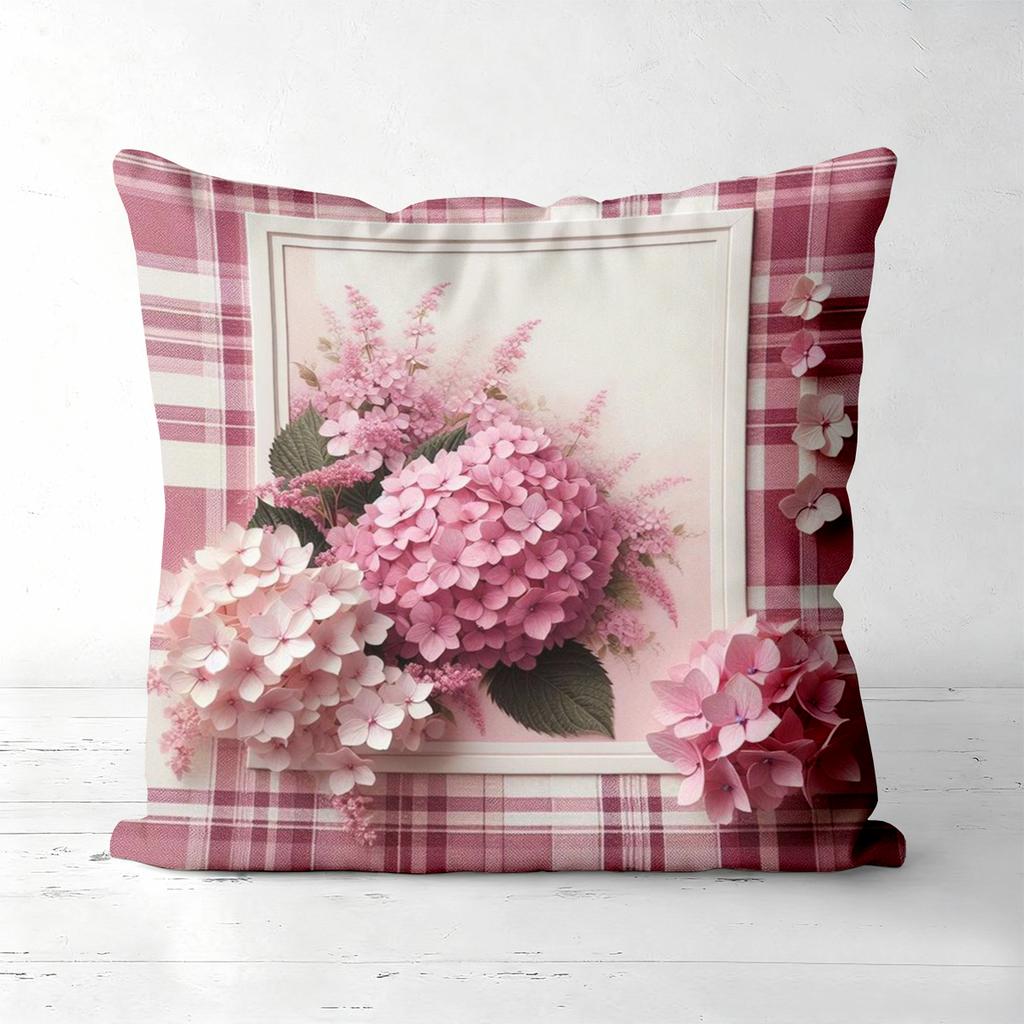 Pink Hydrangea Patterned Plaid Cushion Covers for Home Polyester pillowcase, sofa decorative cushion cov Headboard Pillow