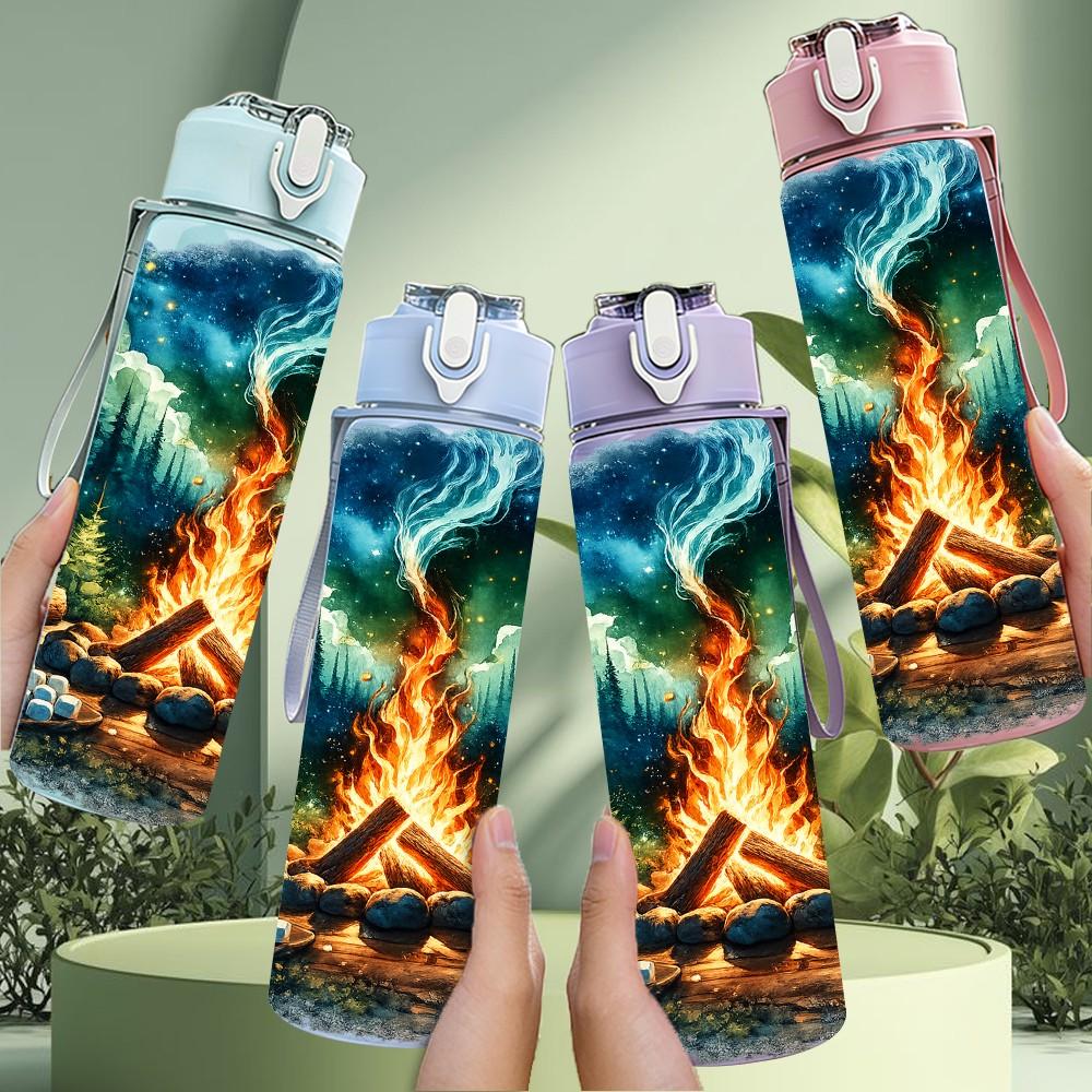 1PC Mountain Campfire Night Scenery Print 750ml Color Plastic Sports Water Bottle Leakproof Flip Straw Lid Suitable for Sports Office Home Use