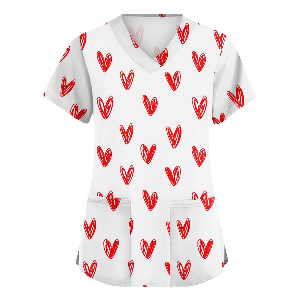 Women's Cute Bow Printed Work Clothes V-neck Double Layer Pockets Basic Short Sleeve Top Pullover