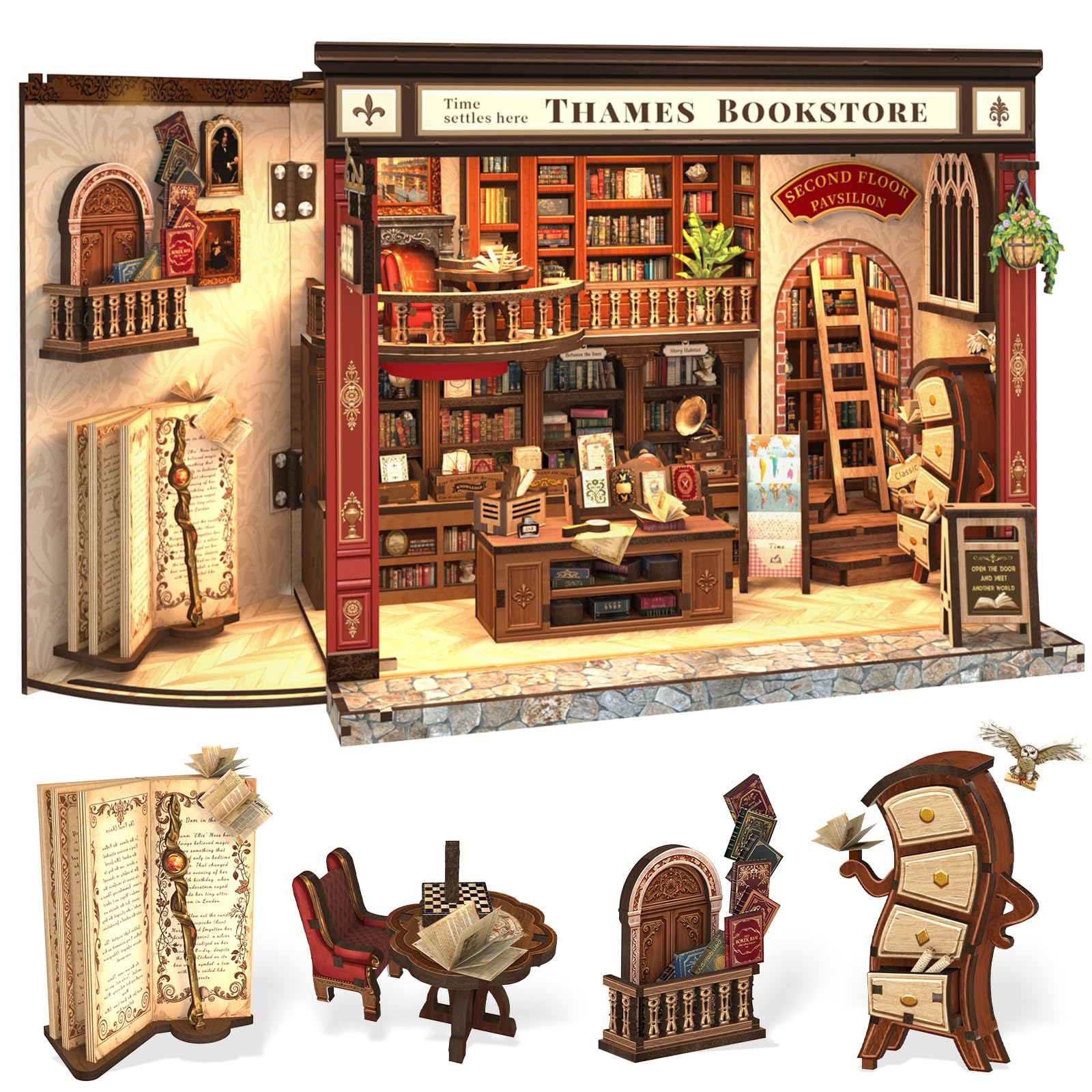 CuteBee DIY Бук-нук Кукольный домик Миниатюрная Подставка для книг Декорация для Подростков и 3D Идеальный Подарочный Набор, Набор, Светодиод, Деревянный, Взрослые, Пазл, (Темза