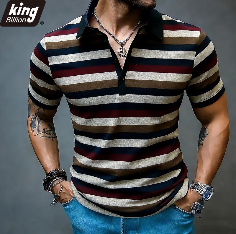 Men's Multicolor Stripe Polo Shirt - Contrast Black Collar 4-Button Placket Casual Retro Style Short Sleeve Top In Bold Tones