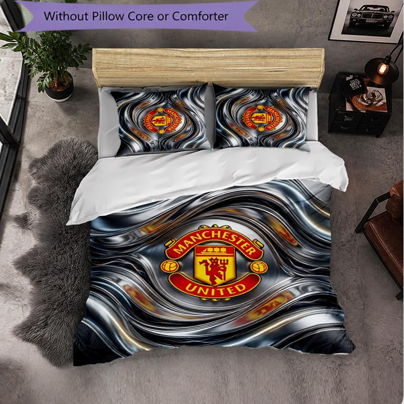 Juego de Cama de 3 Piezas con Patrón del Manchester United Suave Microfibra Funda Nórdica con Fundas de Almohada para Dormitorio