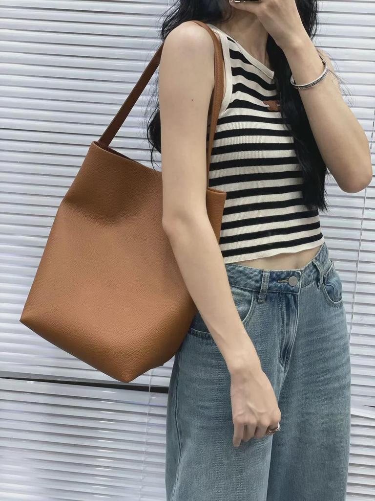 Korean Style Women's Genuine Leather Bucket Bag – Large Capacity Cowhide Shoulder Tote