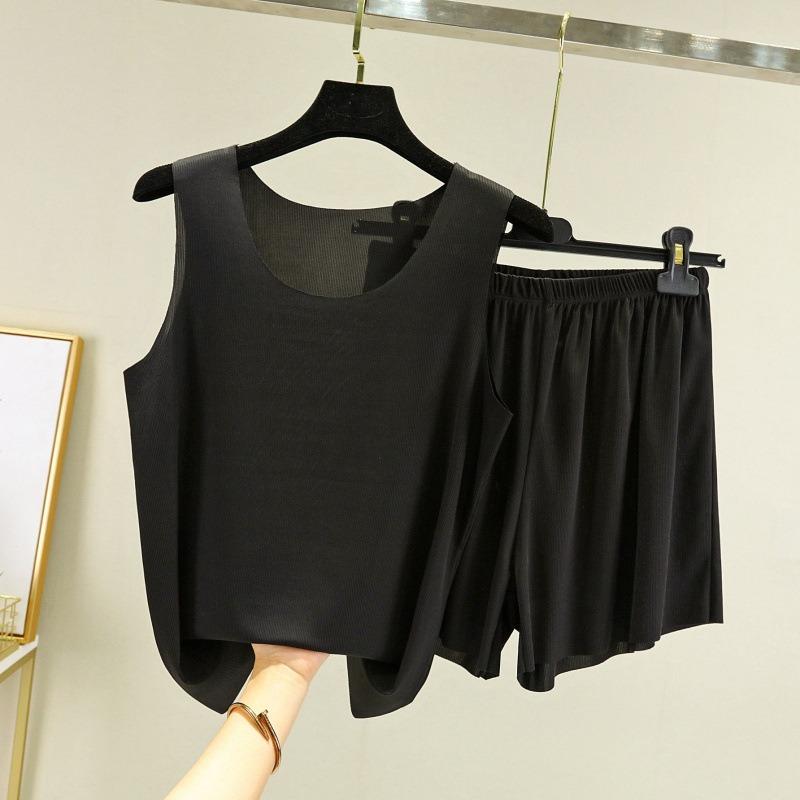 

Женский комплект из 2 предметов из ледяного шелка, женский свободный жилет без рукавов, топ и шорты, пижамный комплект с ками, сексуальный укороченный топ и шорты, женские пижамы XXXXXL чёрный