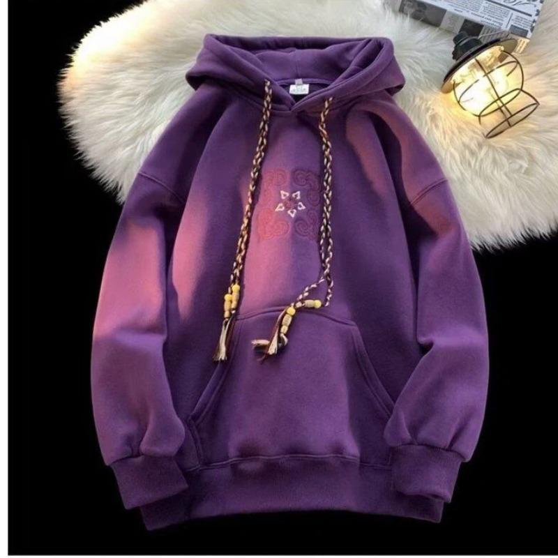 

Свитшот с капюшоном в национальном стиле ретро из бархата для женщин, нишевый бархатный утепленный осенне-зимний свободный топ L фиолетовый