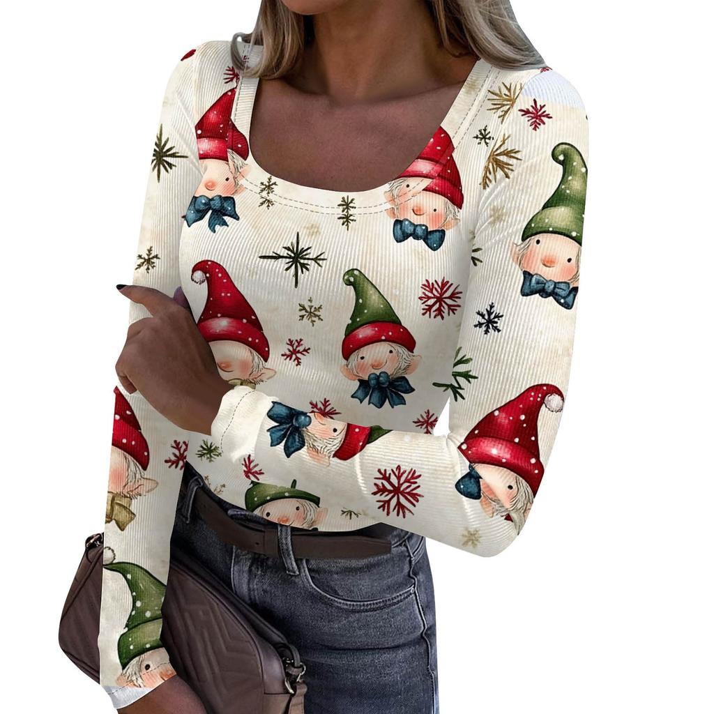 Women's Fashion Slim Bottom Casual Long Sleeve Christmas Printed Pullover U Neck Top