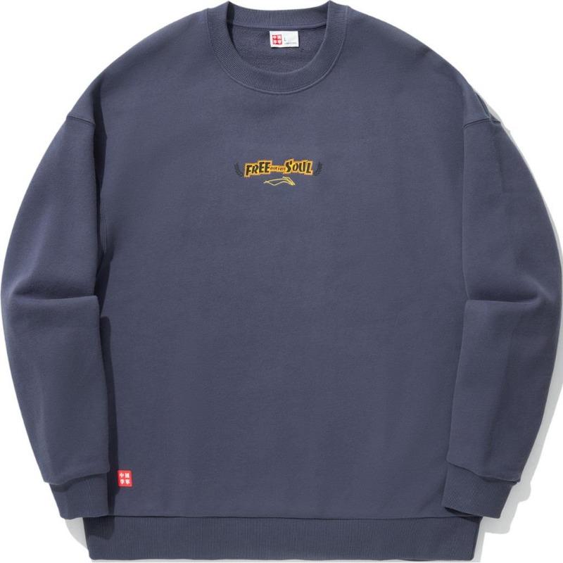 Li Ning Skateboard Series Comfortable Casual Loose Letter Print Pattern Round Neck Pullover Sweatshirt Unisex Sweatshirt Mushan-Blue AWDUB53-4