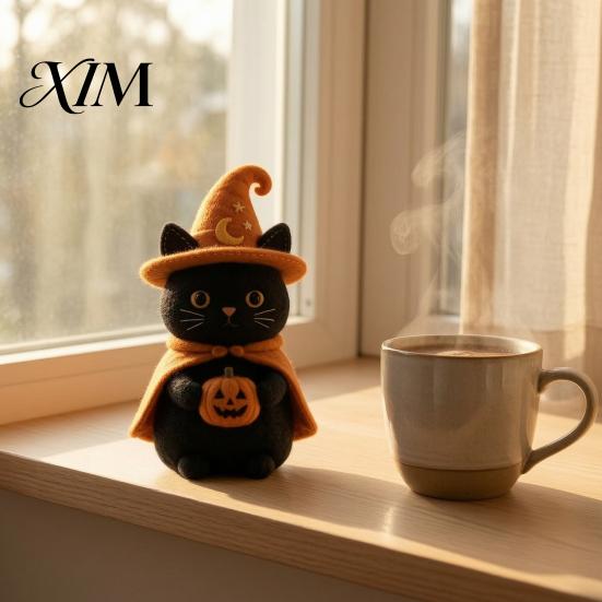 Decorative Wooden Fall Party Supplies Halloween Witch Statue, Retro Felt Style Black Cat Ghost Small Standing Wood Statues Bat Figures for Shelf Desk,