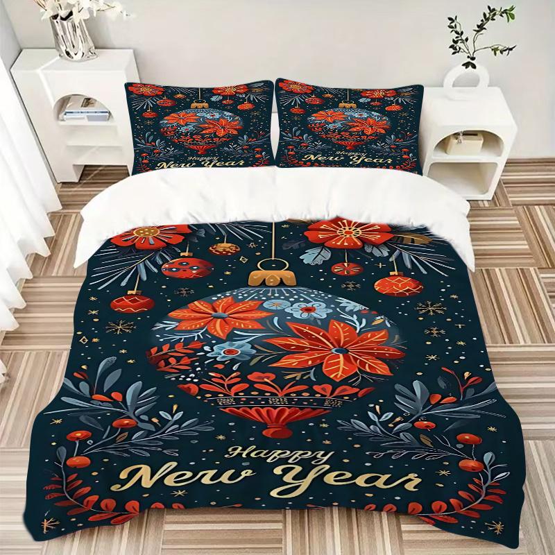 3pcs Happy New Year Festive Decorative Bedding Set, Includes One Quilt Cover and Two Pillowcases (No Core), Anime Cartoon Design, Polyester Fabric