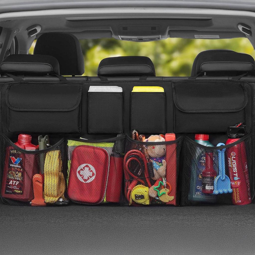 Large car organizer for the back of the rear seat in the trunk - black