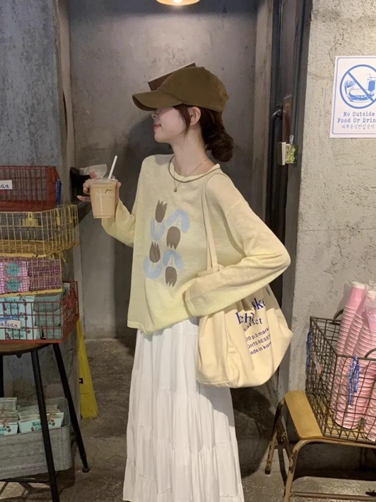 Korean yellow round neck printed sunscreen air conditioner shirt long-sleeved t-shirt women s summer casual outer tulle top blouse S жёлтый
