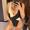 Splicing Deep V Neck Cross Back One Piece Swimsuit Women Swimwear Female Monokini Scrunch Butt Bather Bathing Suit Swim
