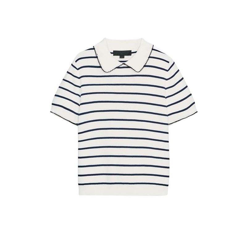 Summer Women's Clothing Preppy Style Color Contrast Patchwork Trim Short Sleeve Lapel Casual Knitting Tops 2142040