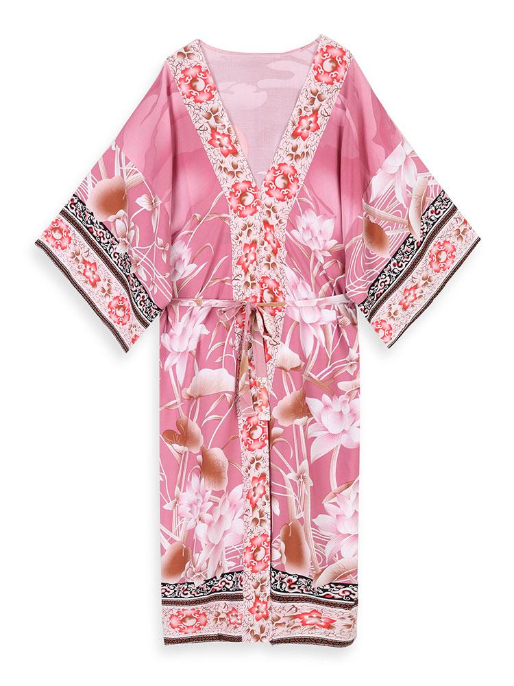 EDOLYNSA Bikini cu imprimeu boem Rochie kimono cu centură elegantă Tunica 2024 Vară Femei Marime mari Îmbrăcăminte de plajă Costum de baie acoperire Q996