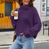 BITCED Chunky Cable-Knit Turtleneck Sweater Solid-Colour Casual Knitwear Women's Cropped Oversized Pullover