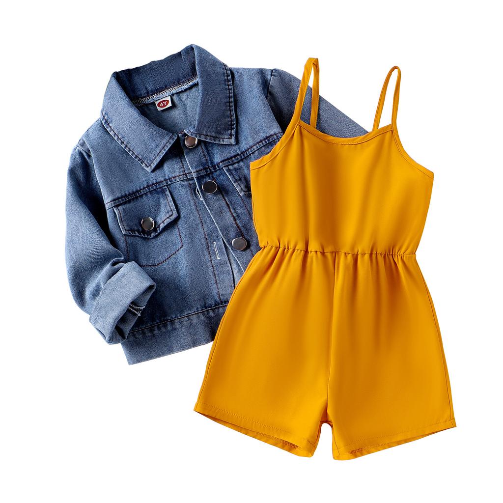 Conjunto de Moda Feminina Primavera/Verão Infantil Macacão Halter Casual + Jaqueta Jeans Simples com Cinto