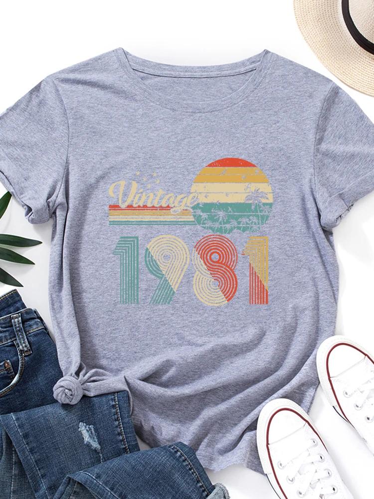 Vintage 1981 Nadruk Damska Koszulka Krótki Rękaw Okrągły Dekolt Luźna Damska Koszulka Damskie Koszulki Topy Ubrania Camisetas Mujer