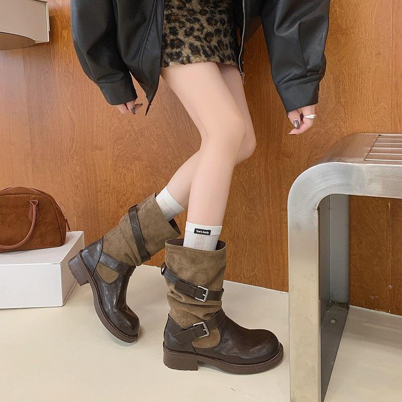 Versatile round head thick heel fashion boots, thin color matching medium tube Martin boots for women, new spring and autumn belt buckle retro