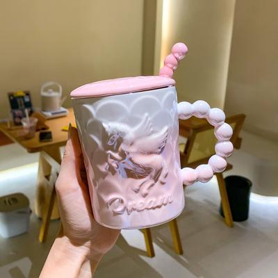 Mug with Lid Spoon Couple with Good Looks for Girls Office Water Cup Coffee Cup Embossed Ceramic Cup Souvenir