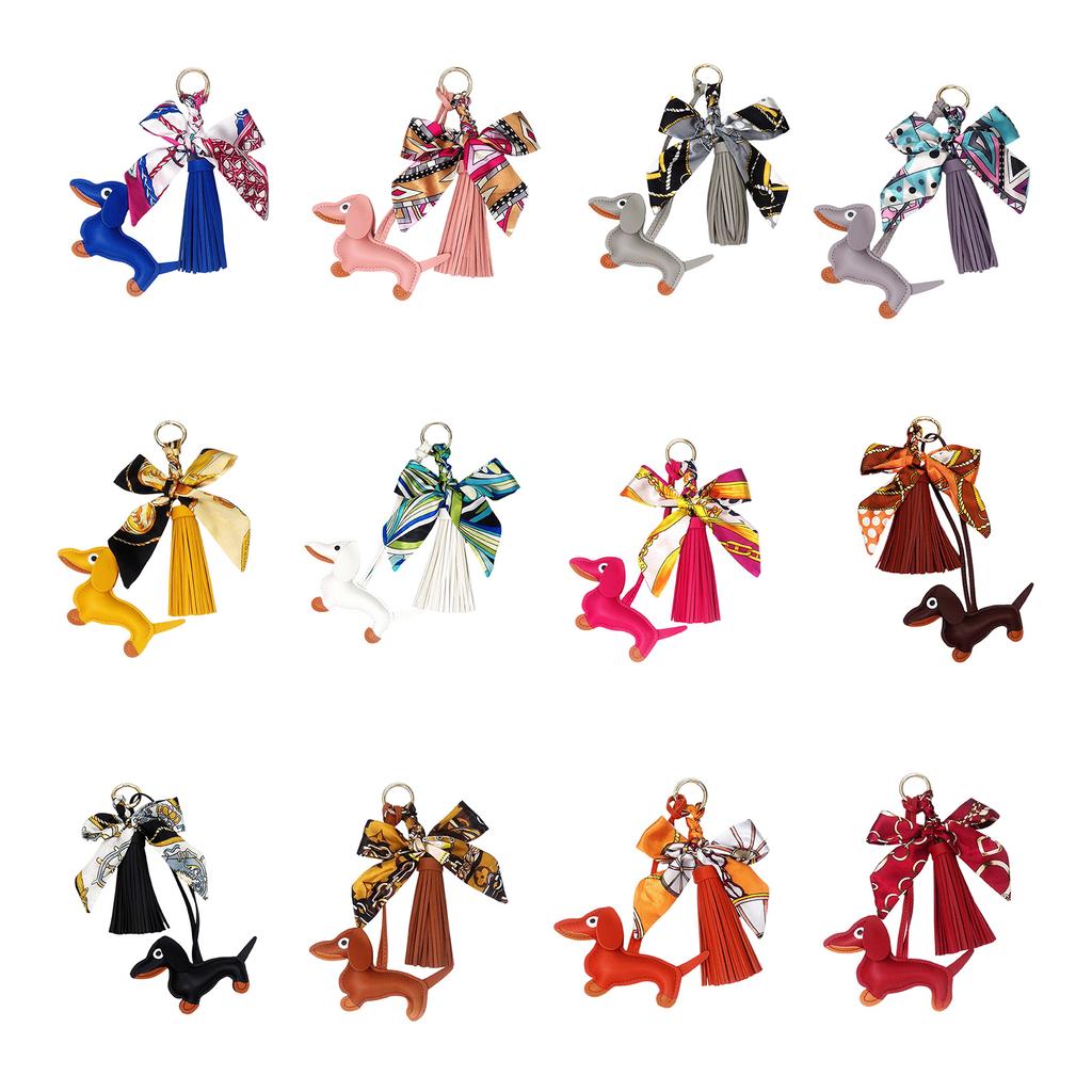 Stylish Dachshund Pendant with Soft Leather Tassels Bowknot Key Holder Fashion Charm Perfect for Bags or Car Decoration