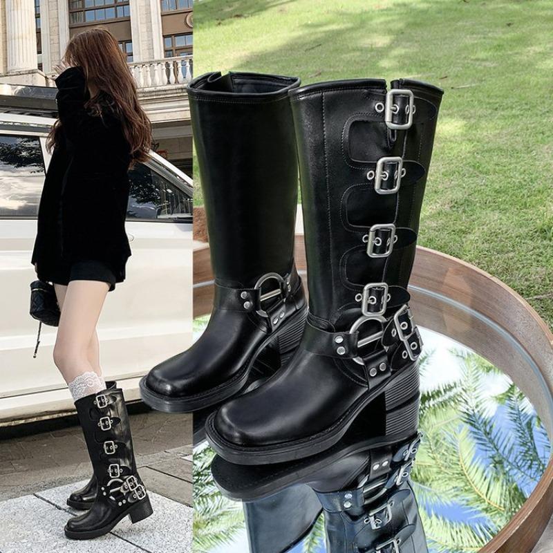 Belt-buckle Shoes, Chunk-heeled Boots, Women's Shoes, Retro Knee-high Boots