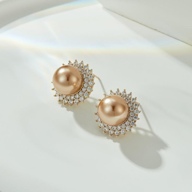 1PAIR of Fashionable and Elegant Imitation Pearl Stud Earrings, Light Luxury and High-end Micro-inlaid Zircon Round Earrings, Exquisite Earrings.