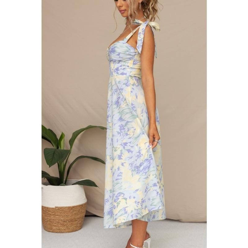Summer Women's Dress Slim Slim Waisted V-Neck Halter Printed Mid-Length Dress