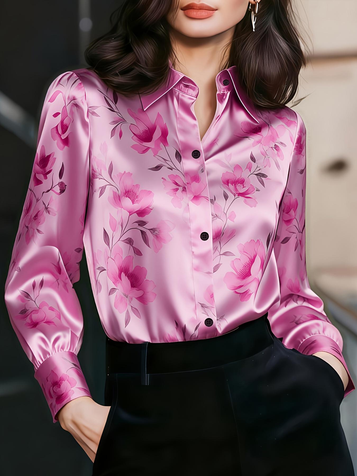 

Ladies elegant printed satin blouse for commuting, suitable for dates and vacations. S розовый