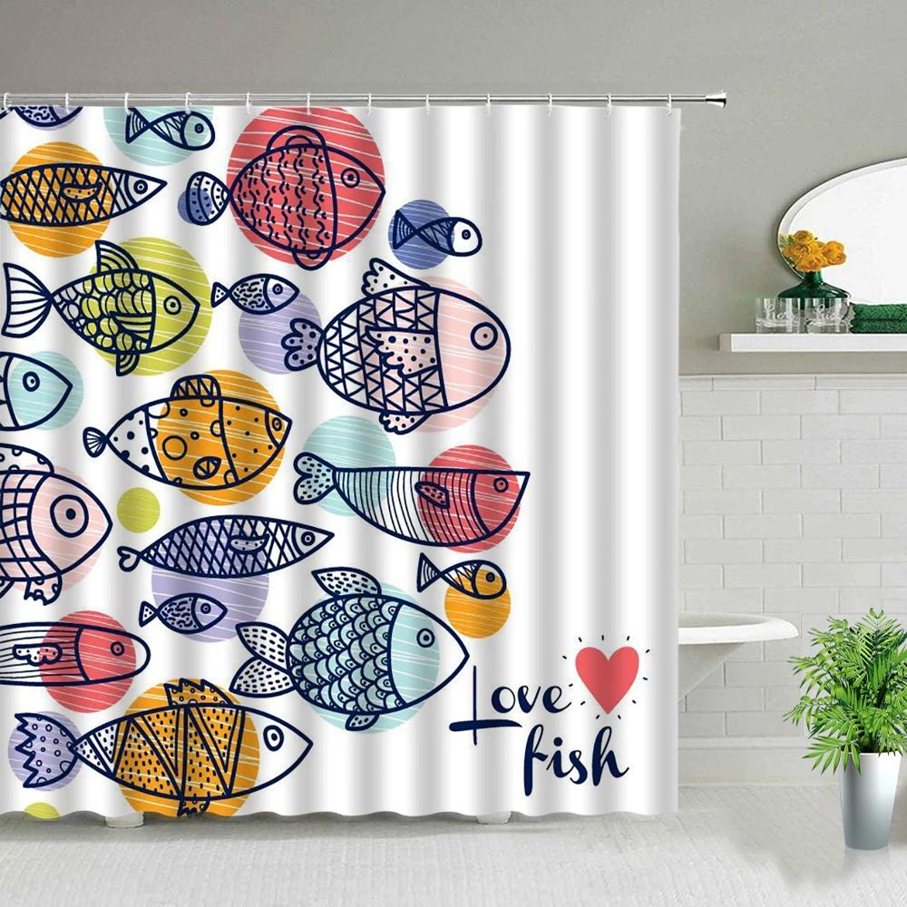 Cortinas de Chuveiro Peixe Tubarão Desenhos Coloridos Vida Marinha Banheiro Infantil Decoração de Casa Conjunto de Cortinas de Tecido Telas de Banho Impermeáveis