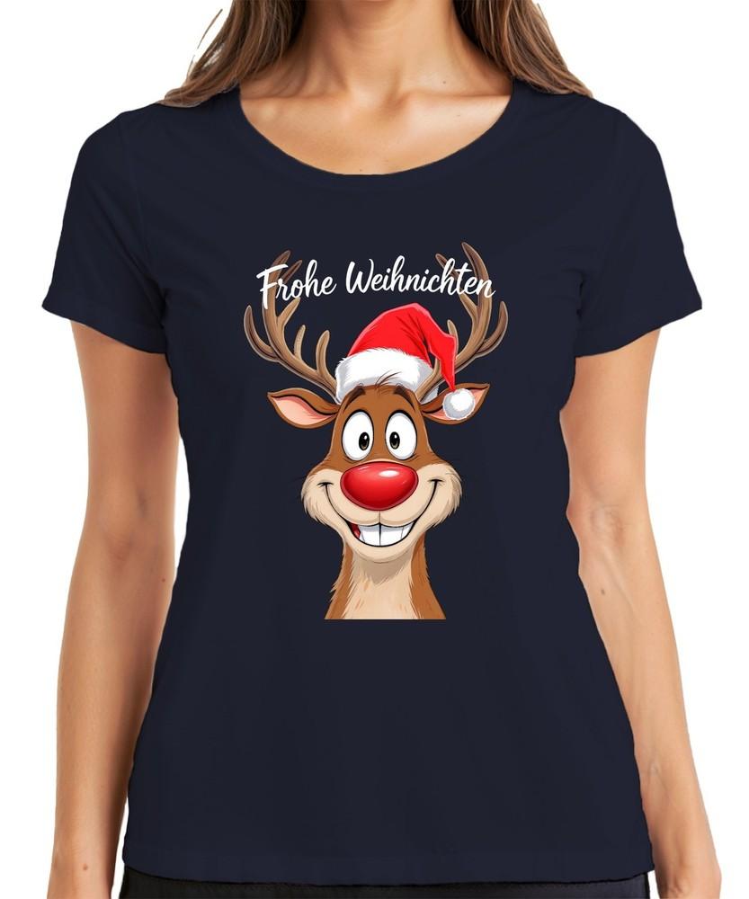 Merry Christmas Reindeer Rudolph Cartoon Funny Santa Hat Ladies TShirt S