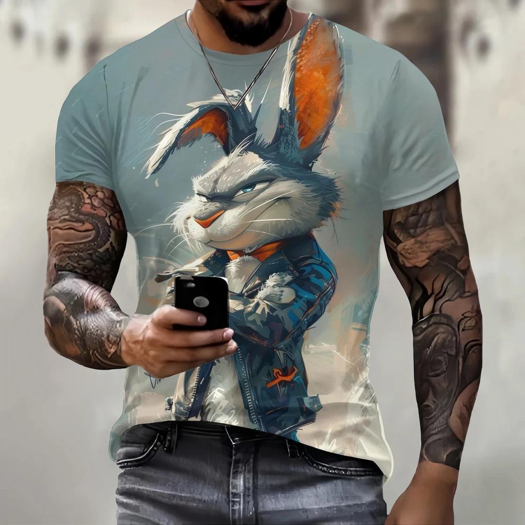 Summer Round Neck 3D Fun Cartoon Rabbit Print Top Fashionable Casual Short Sleeved Men's T-shirts