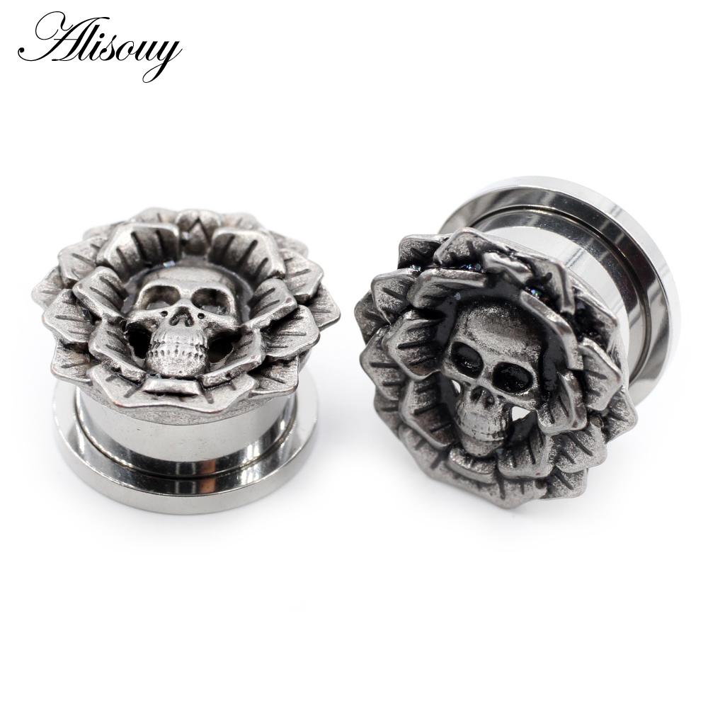 Alisouy 2 bucăți 6-25 mm retro din oțel inoxidabil craniu floare deșurubați tuneluri urechi dopuri expansor targă calibre corp piercing bijuterii